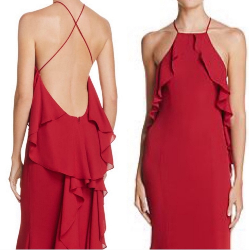 Fame and Partners Quasar Ruffle Gown In Burgundy Size 0